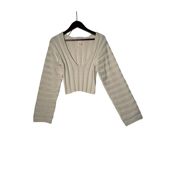 BDG Urban Outfitters Sweater Cream XS V-Neck Ribbed Cropped LS School Casual - Picture 1 of 4
